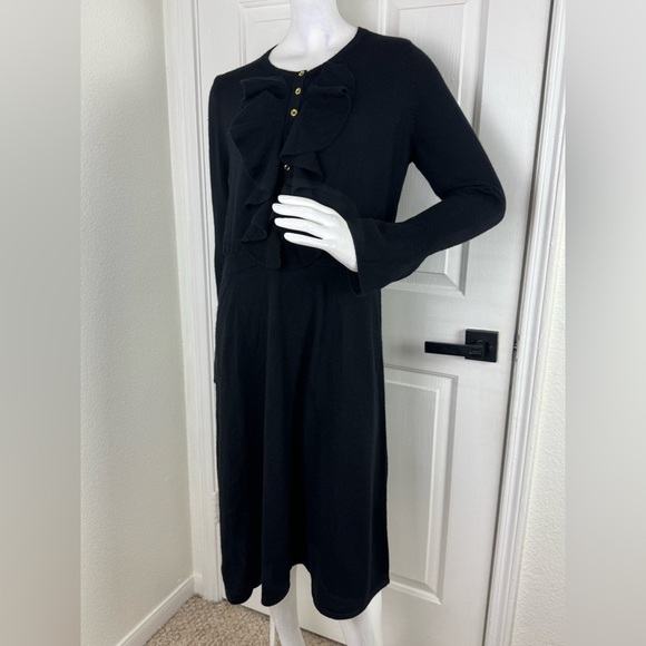 Boden Pure Wool Black Frill Knitted Skater Dress  Size 14 Gold buttons.  A26 - Picture 1 of 13
